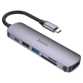 Фото 1. Мультіадаптер хаб Hoco HB28 6в1 Type-C to USB 3.0 (F)/ USB 2.0 (F)/ HDMI (F)/ Type-C (F)/ SD/ TF PD 60W 0.135m metal gray | Yuca.com.ua