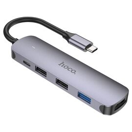 Мультиадаптер хаб Hoco HB27 5в1 Type-C to USB 3.0 (F)/ 2 USB 2.0 (F)/ HDMI (F)/ Type-C (F) PD 100W 0.135m черно-серый