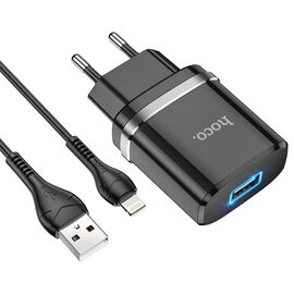 Фото 1. Мережевий зарядний пристрій Hoco N1 USB чорний + кабель USB to Lightning | Yuca.com.ua