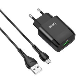 Фото 1. Мережевий зарядний пристрій Hoco C72Q USB QC + кабель USB to MicroUSB black | Yuca.com.ua