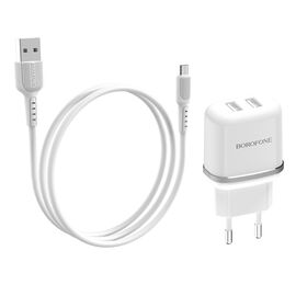 Сетевое зарядное устройство Borofone BA25A 2 USB белое + кабель USB to MicroUSB
