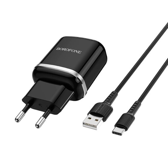Фото 1. Мережевий зарядний пристрій Borofone BA36A USB QC 18W чорний + кабель USB to Type-C | Yuca.com.ua