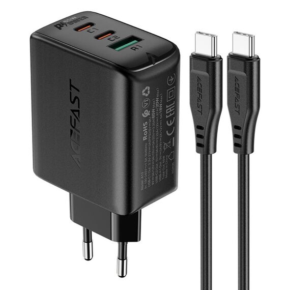 Фото 1. Мережевий зарядний пристрій Acefast A13 USB/ 2 Type-C QC PD 65W чорний + кабель Type-C to Type-C | Yuca.com.ua