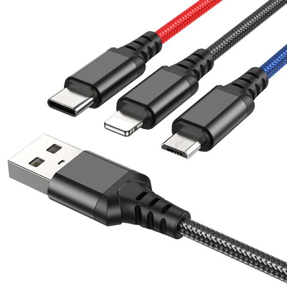 Фото 1. Кабель Hoco X76 3в1 USB to Lightning/ Type-C/ MicroUSB 1m black red blue | Yuca.com.ua