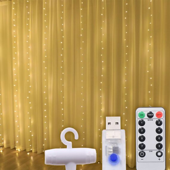 Фото 1. Світлодіодна гірлянда USB штора, мідна нитка, теплий білий, 3x2 м, 8 режимів, з пультом | Yuca.com.ua