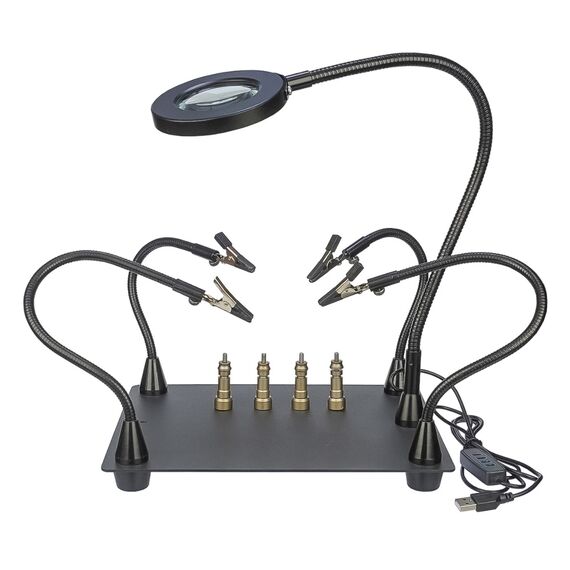 Фото 1. Тримач плат TE-808 з затискачами на гнучких ніжках (4шт), магнітними фіксаторами (4шт), лінзою c LED (d=62мм, 3x) | Yuca.com.ua