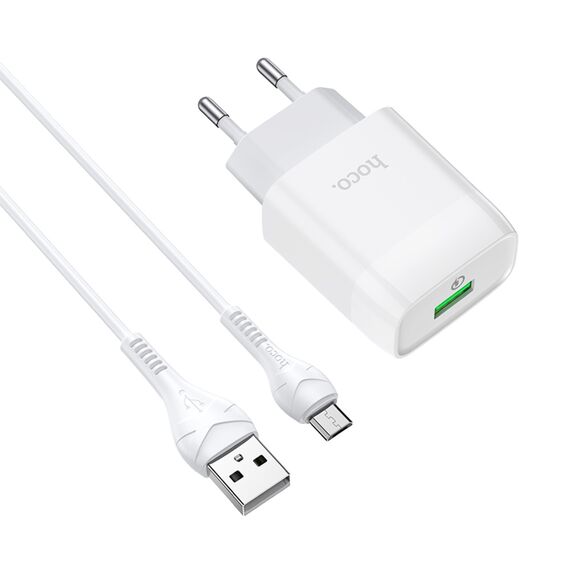 Фото 1. Мережевий зарядний пристрій Hoco C72Q USB QC + кабель USB to MicroUSB white | Yuca.com.ua