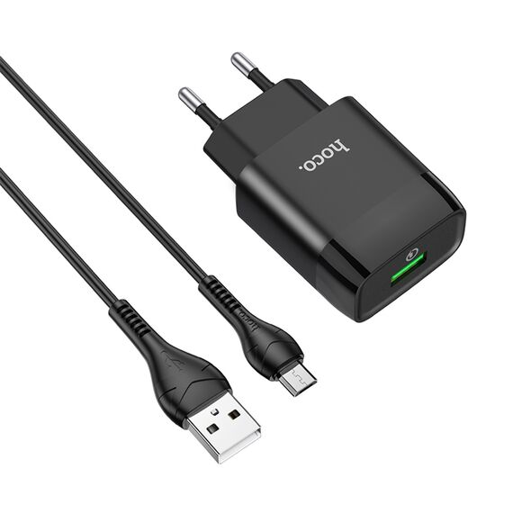 Фото 1. Мережевий зарядний пристрій Hoco C72Q USB QC + кабель USB to MicroUSB black | Yuca.com.ua