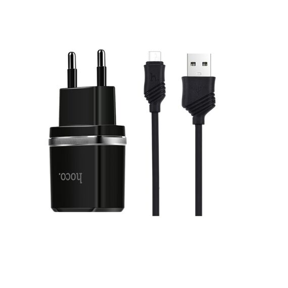 Фото 1. Мережевий зарядний пристрій Hoco C12 2 USB чорний + кабель USB to MicroUSB | Yuca.com.ua