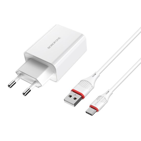 Фото 1. Мережевий зарядний пристрій Borofone BA21A USB QC 18W білий + кабель USB to Type-C | Yuca.com.ua
