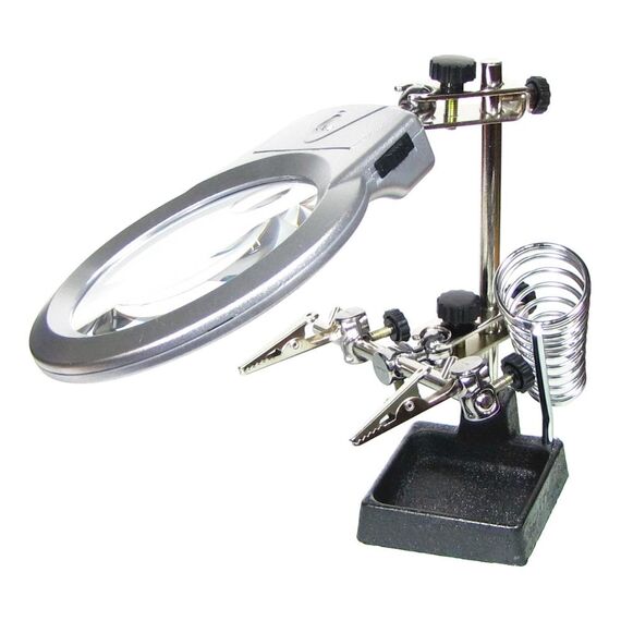 Фото 1. Тримач плат і паяльника MG16129-A з LED-підсвічуванням і подвійною лупою (велика лупа d=90мм, 2x; мала лупа d=21, 6x) | Yuca.com.ua