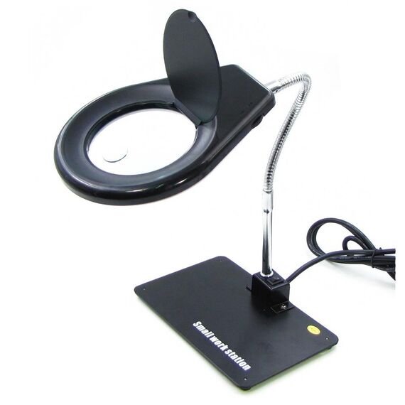 Фото 1. Лупа подвійна на гнучкій нозі з підставкою WEP 628A з регульованим LED-підсвічуванням 220V (велика лупа d=85мм, 5x; мала лупа d=20мм, 10x) | Yuca.com.ua